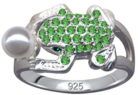 FINGERRING Frosch mit Perle/Echt Silber 925 mit Zirkonia/Klassik Design/Steinfarbe: klar grün/modern cool trendy hip/Online Shop Schmuck kaufen / 59075