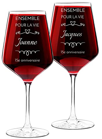 Maverton Set de 2 verre a vin en Cristal - Verres gravés 530 ml - Verres XL Cadeau Personnalisé - Cadeau couple - Set a vin pour parents - cadeau anniversaire de mariage - Noel - Vie