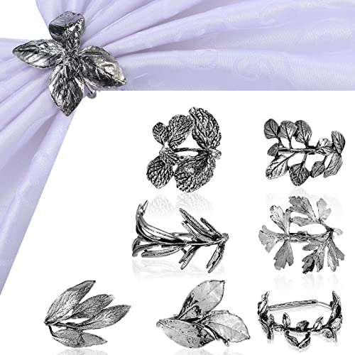 Cunhill 8 Pcs Herb Napkin Rings Set Vintage Leaf Napkin Holders, Silver