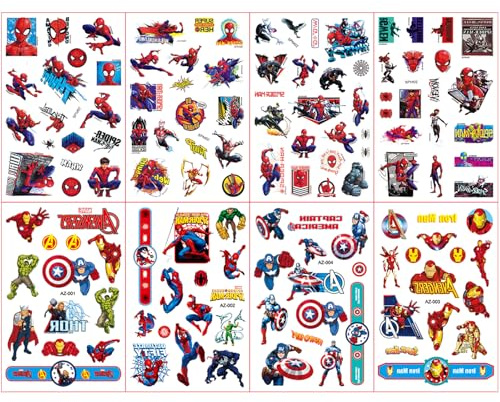 Aisszhao Boys Cartoon Temporary Tattoos, 8 Sheets, Waterproof, Large Size, Superhero-Themed, Ages 3+