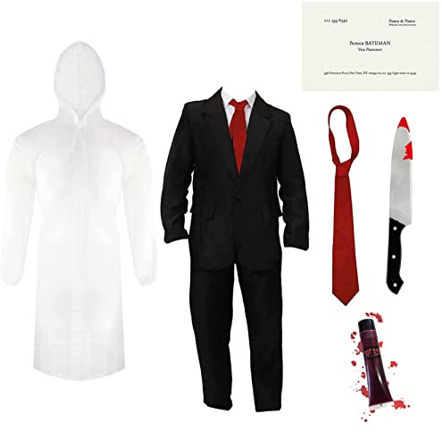 Psycho-Kostüm für Erwachsene, schwarzer Anzug, transparenter Regenmantel, Krawatte, Messer-Requisite, Visitenkarte und Kunstblut – Herren-Film-Charakter, Halloween-Kostüm