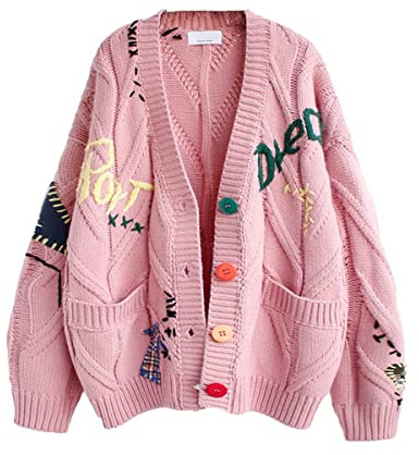 Women's Cable Knit Long Sleeve Open Front Cardigan Sheep V-Neck Button Down Embroidery Wool Blend Sweater Coat Outwear (M,Pink)
