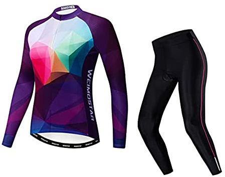 Damen-Fahrradtrikot-Set, langärmelig, reflektierend + 5D-gepolsterte lange Hose, Herbst und Winter, CF2206, S