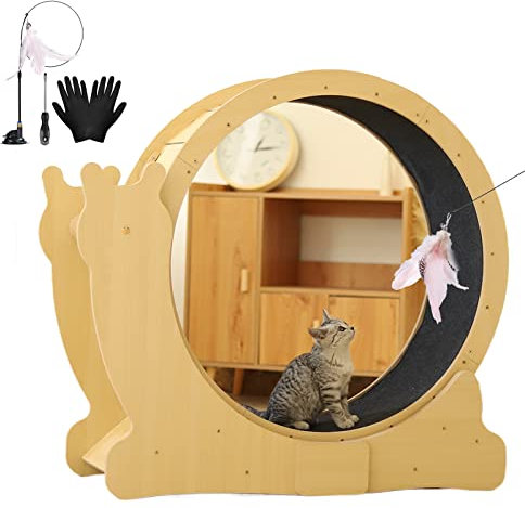 json2xml Laufkatzenrad & Kratzbaum, Holzfarbenes Katzentretmühle - Sicherheitsverriegelungsdesign/Geräuscharm, 2-in-1-laufkatzenrad Mit Katzen-Teaser/Werkzeug-kit - Einfache Installation,M