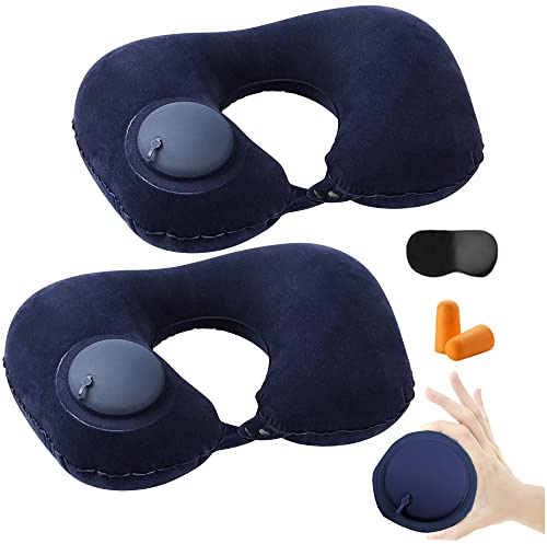 HINATAA Aufblasbares Reisekissen, verstellbares, aufblasbares Nackenkissen, tragbares, schnell aufblasbares Kissen, U-förmig, mit Schlafmaske, für Flugzeuge, Reisen (Marineblau)