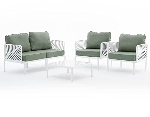 RATTATAN KENZIA Lounge-Set, Gartenmöbel-Set, großes Sofa, 2 Sessel, Kaffeetisch (Weiß/Grün)