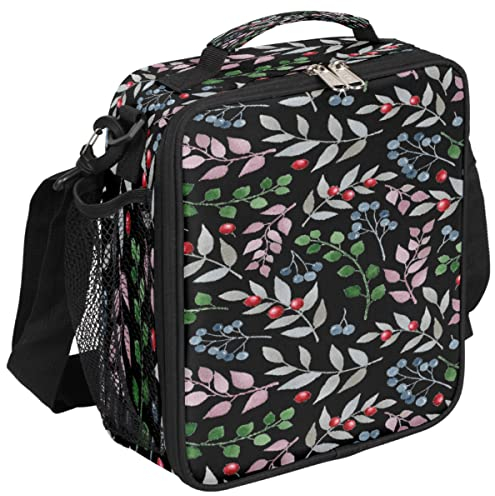 Lonchera con diseño de hojas coloridas, lonchera negra, bolsa de almuerzo aislada, bolsa térmica con correa de hombro ajustable extraíble para mujeres y hombres, oficina, picnic
