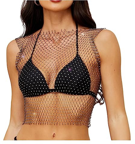 JasGood Strass Glänzendes Mesh Körper Kette Tops für Frauen Funkelnde Bikini Crop Top für Nachtclub Party Festival