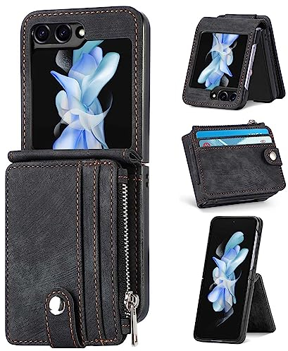 ZCDAYE Hülle für Samsung Galaxy Z Flip 5 Handytasche mit abnehmbarem Kartenhalter, Multifunktionale Samsung Z Flip 5 Handyhülle aus PU Leder Klapphülle Schutzhülle für Galaxy Z Flip 5 Case, Schwarz