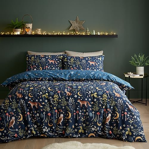Catherine Lansfield Enchanted Twilight Animals Reversible Single Duvet Cover Set with Pillowcase Navy Blue