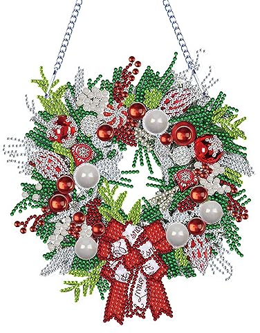 Demiawaking 5D DIY Diamond Painting Weihnachten Girlande Kranz Set, Diamant Painting Anhänger Kits mit Kette, Diamant Malerei Türkranz Weihnachtsdeko Tür Fenster Deko DIY Geschenk (F)