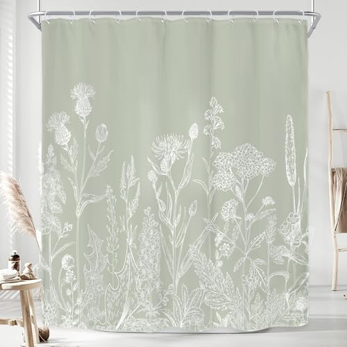 Riyidecor Duschvorhang, dekorativ, rustikales Landhausstil, florales Design, Kräuter, Natur, Kunstdruck, Polyester, wasserdicht, mit 12 Kunststoffösen, ca. 150 x 180 cm (B x H), Salbeigrün, Wildblumen