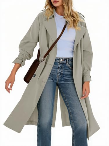 Tankaneo Langer Damen-Trenchcoat, zweireihig, Revers, leicht, übergroß, winddicht, Herbstmantel mit Gürtel