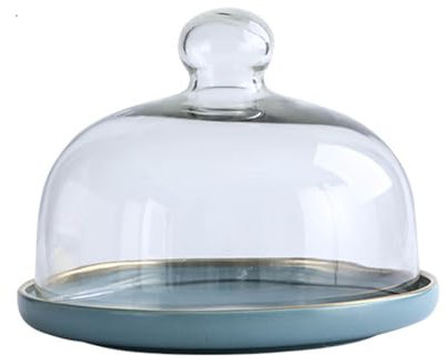 BURLOE Cloche à gâteau en céramique - Cloche à gâteau - Présentoir à gâteau en verre - Couvercle alimentaire pour mariage, anniversaire, fête, bleu, taille S