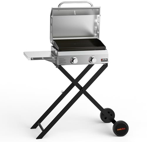 Onlyfire 2-Burner Gas Plancha Portable Gas BBQ with Foldable Stand | Thermometer | Side Table, Stainless Steel Flat Top Grill Griddle for Outdoor Cooking Barbecue Camping, 4.7 kW