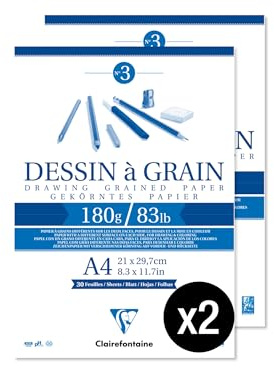 Clairefontaine 96624AMZC - Set di 2 blocchi di carta da disegno con grana incollata, 30 fogli, formato A4, 21 x 29,7 cm, 180 g, per disegnare con matita