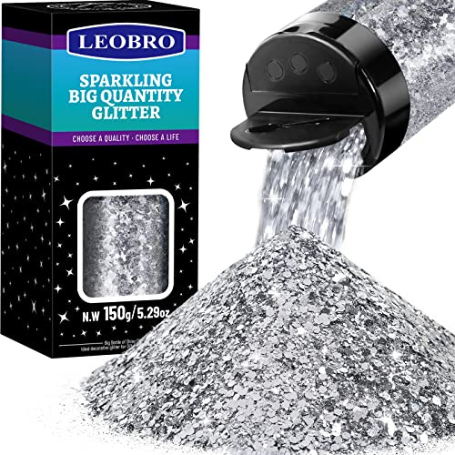 LEOBRO Silberner Glitzer, 150 g, grober Glitzer, Bastelglitzer für Harz, gemischter klobiger Glitzer, metallischer Glitzer zum Basteln, Epoxidharz, Nagel, Bulk Glitter für DIY Tumbler Malerei 0,25