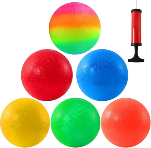 PLMMOUT 6 Stück Bouncy Kickball, PVC Kinder Spielball, 21.6 cm, Mehrfarbig | Mehrfarbig Regenbogen Ball, Regenbogen-Spielplatzbälle Strandball Softball, mit Pumpe, for Kinder Drinnen and Draußen
