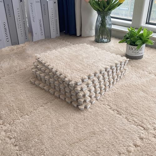 20 Stück Flauschige Plüschschaum-Puzzle-Bodenmatten, 30 x 30 cm, Ineinander Greifende Teppichfliesen, Innendekoration, Weiche Spielmatte