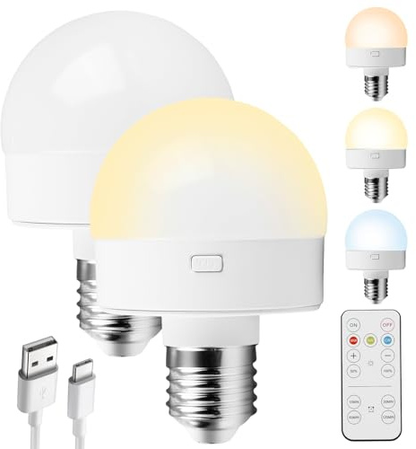 Bombilla Recargable USB-C, 2 Pieza E27 Bombilla Recargable USB C Con Control Remoto, USB C Recargable Bombilla, Bombilla LED Recargable Para Camping Interior Exterior