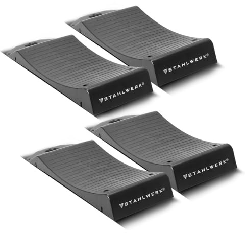 STAHLWERK Reifenschoner Standplatten GT-18 ST 4-teilig mit 2,7 t Tragkraft | Reifenwiege | Reifenschuhe | Hemmschuh | Unterlegkeil für Pkw, Reisemobil, Campingmobil, Wohnmobil, Caravan oder Wohnwagen