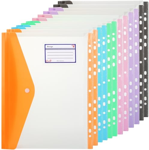 ASelected 12 st A4 plastplånböcker, stansade fickor dokumentmapp tryckare, 11 hålpärmfiler med fickor för skola, kontor, hem, resor 6 färger