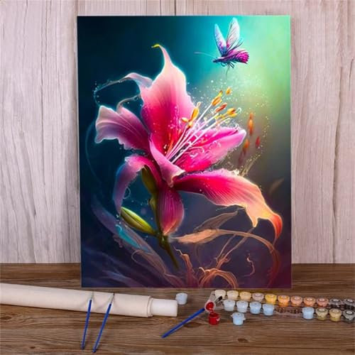 Rosa Lilie - Malen nach Zahlen für Erwachsene,Tier Acrylfarben Malen nach Zahlen für Erwachsene,DIY mit Rahmen Handgemalt Ölgemälde,mit Pinseln Malen nach Zahlen Wanddekoration Geschenk,55x70cm