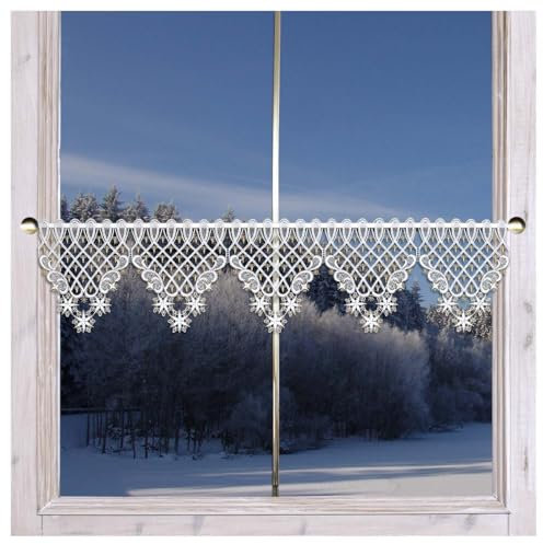 Wintergardine Weihnachtsträumerei mit Stern | Feenhaus-Spitzengardine Plauener Spitze | Scheibenhänger mit Schneeflocken Schneesternen | Stickerei weiß-Gold |Verschiedene Breiten | 21 cm hoch