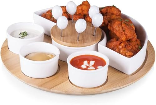 Round Appitizer Serving Tray With Forks - Acacia Wood and White Ceramic Chip And Dip Tray | Suitable For Guest Dish, Family Fun, Parties, Cinema, Watching Together | Snacks
