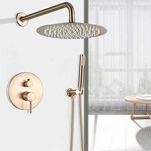 Shower Head Juego de Ducha de Lujo, Cabezal de Ducha de Lluvia Grande montado en la Pared de 8/10/12/16 Pulgadas, Juego de Grifo de Ducha de baño de Lluvia de Oro Cepillado con Ducha de Mano, 16