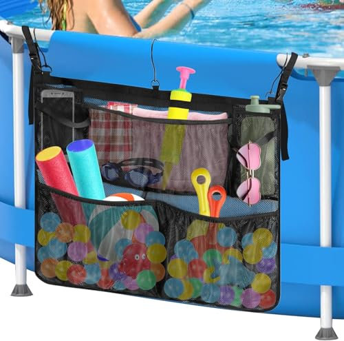 Yiomxhi Cesta de Almacenamiento para Piscina, Bolsa de Malla Ajustable Junto Piscina con 5 Bolsillos, Organizador de Accesorios para Piscina, Adapta Riel Superior de 5 cm o Menos, Negro