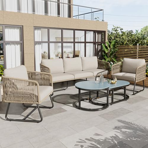 Zepneiy Gartenmöbel Set 5 teiliges Set, Lounge Möbel Outdoor mit 1 EIN Dreisitzer Sofa, 2 Einzelsofas und 2 Couchtische, Balkonmöbel Gartensofa aus verzinktem Eisen und Seil, Beige
