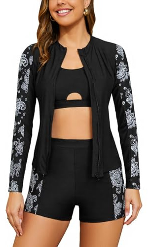 SHEKINI Rash Guard för kvinnor, 3-delar, långärmad baddräkt, simtröja med dragkedja, solskydd, badkläder, bikini, topp, badshorts, svart, XL