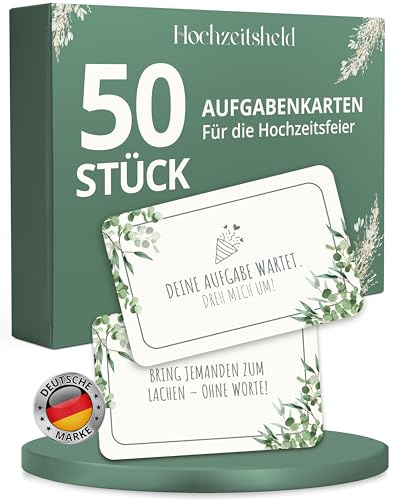 HOCHZEITSHELD Aufgabenkarten Hochzeit als Hochzeitsspiele für Gäste und Brautpaar - Lustiges Hochzeitsspiel & Gästebeschäftigung - Interaktive Spiele Hochzeit, Hochzeitsdeko Tisch, Hochzeitsdekoration