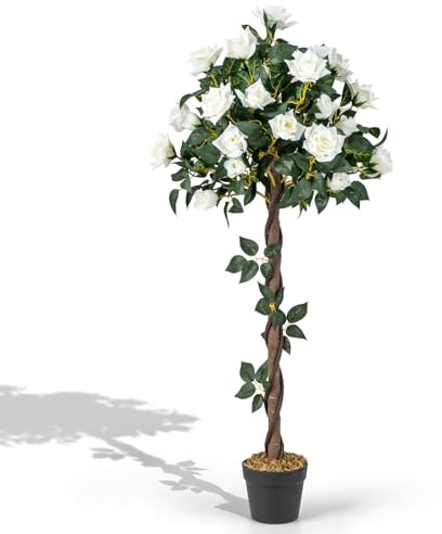 COSTWAY 120 cm konstträd med blommor, konstgjort blomträd, konstgjord växt i kruka, rosenträd med vita rosor och naturlig stam, konstgjord blomma för hemmakontor, krukväxt