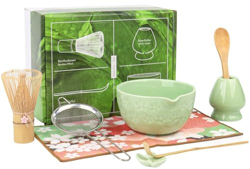 Nideen 8Pcs Green Matcha Set–Ceramic Matcha Bowl, Matcha Whisk with Sakura Charm Complete Japanese Matcha Kit with Whisk, Scoop, Sifter & Cloth