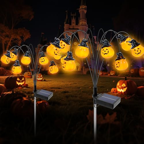 Qoosea Halloween Lampe Solaire Exterieure, 2 Pièces Lumières de Citrouille Deco, Lumière Solaire Jardin LED Étanche IP65, Halloween Décoration pour Chemins Pelouse Terrasse Tombe Patio