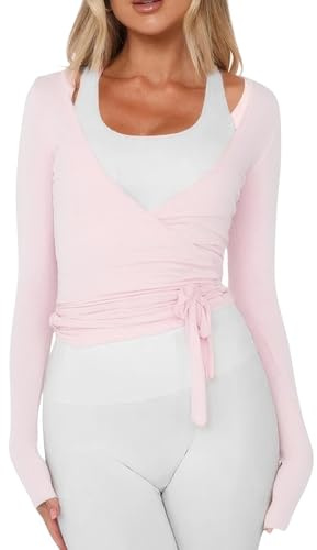 Women Ballet Crop Wrap Top Y2k Long Sleeve Cross Tie Top Pilates Yoga Wrap Shirts Cute Workout Ballerina Cover Up Blouse (Fitted Pink, S)