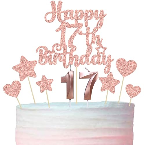 Gyufise 15Pcs Happy 17th Birthday Cake Topper Set with Heart Star Glitter Cheers to 17 Years Cake Picks Number 17 Candles Cake Decorations for Happy 17th Birthday Anniversary Party Supplies Rose Gold