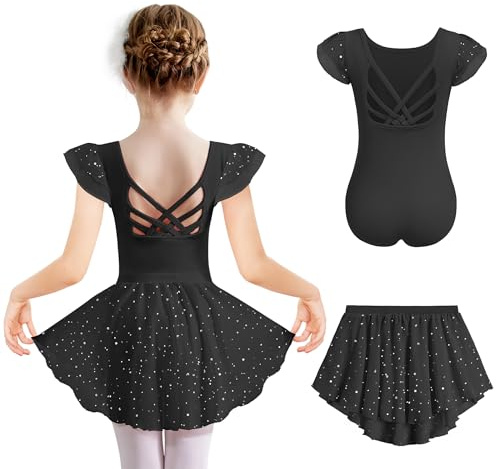 Arshiner Mädchen Ballettkleidung Kurzarm Baumwolle Rückenfrei Ballettkleid | Kinder Balletttrikot,Glitzer Tanzkleid,Zweiteiliges Ballettanzug,Kleinkind Tanzbody,mit Tütü,3-11 Jahre
