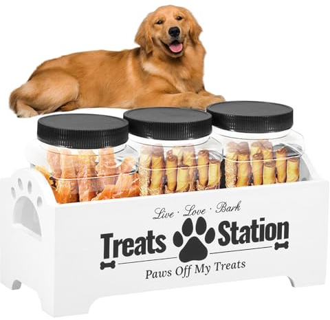 Wood Dog Treat Container Decorative Dog Treat Holder Enduring Dog Cookie Jar for Cat Treats Container with 3 Plastic Dog Treat Jars Pet Treat Storage Organizer for Dogs and Cat Pet Owners (white)