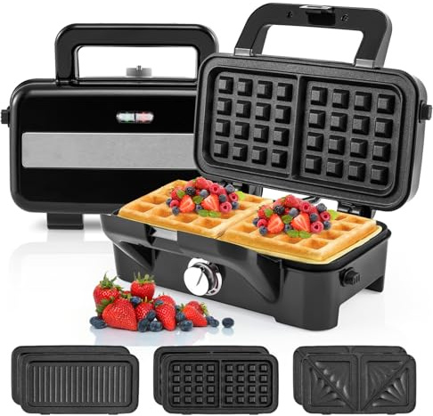GOPLUS Sandwichera y Parrilla 3 en 1, Tostadora Grill de Contacto con Placas Intercambiables Antiadherentes y Desmontables, Tostadora Eléctrica con Regulador de Temperatura de 5 Niveles