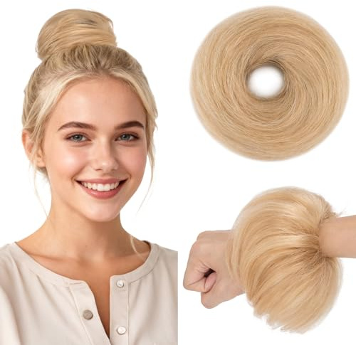 MY-LADY Haarteil Mit Gummiband Dutt Haarteil, Haargummi Mit Haaren Echthaar 25g Hochsteckfrisuren für Damen & Mädchen (#18P613 Ascheblond/blond Glatt)