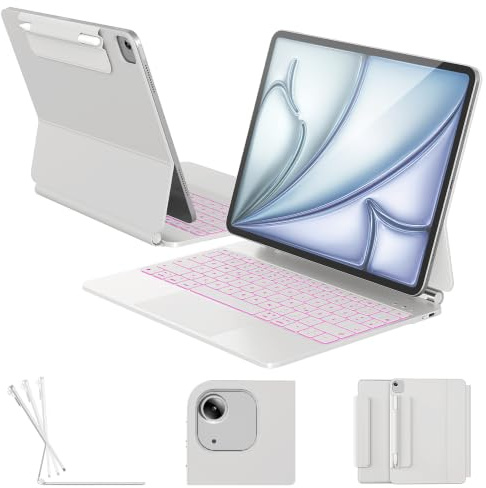 RAYMCRAFT für iPad Air 13 Zoll Hülle mit Tastatur (M4/M3/M2) & iPad Pro 12,9 (6./5./4./3. Gen.) Magic Keyboard, 11-Farbige Hintergrundbeleuchtung, Stifthalter, Smart Trackpad, Magnetständer, Weiß
