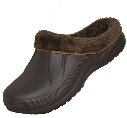 Meidiastra Unisex Faux Fur Lining Clogs: Slip-On Waterproof EVA Garden House Clogs with Fleece-Lined - Winter Warm Anti-Slip Indoor Outdoor Walking Slippers for Mens Womens Brown 300