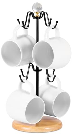 keilend Mug Tree 8 Mugs Holder Anti-Slip Iron Mug Stand with Weighted Wooden Base, Crystal Coffee Cup Stand for Kitchen Counter and Display - Black