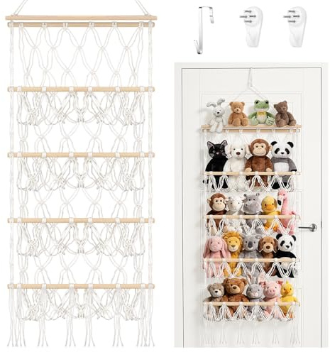 Meetory 42 cm Kuscheltier Aufbewahrung Netz - 4 Stöckig Boho Makramee Stofftier Kuscheltiernetz Plüschtier Aufbewahrung Hängend Netz mit Haken für Kinderzimmer Schlafzimmer Wohnzimmer