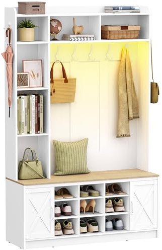 Hzuaneri Garderobenständer mit Sitzbank, Garderobe mit LED, Weiß-Gelb | Kleiderständer, Verstellbare Regalböden, 15 Offene Fächer, 7-Haken, für Eingangsbereich, 40,3 x 120 x 191 cm, HT24603XEU