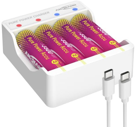 ANSMANN Pure Power litiumladdare med 4 uppladdningsbara AA-batterier med hög kapacitet och laddningsmodul, lång batteritid, skyddsteknik, idealisk för enheter med hög strömförbrukning