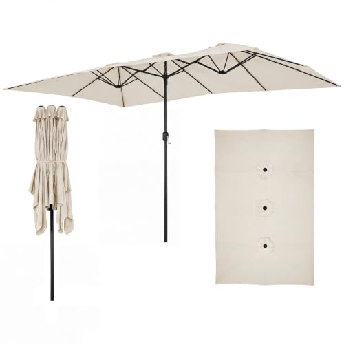 GOPLUS Parasol de Jardin Exterieur 4,3X2,7M, Grand Parasol Rectangulaire Double pour 6-8 Personnes avec Manivelle, 12 Baleines, Protection Solaire, pour Terrasse Marché Fête Plage (Blanc)